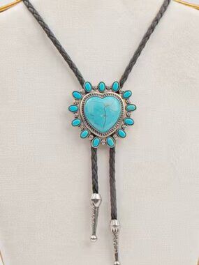 Desert Heart Turquoise Bolo Tie Southwestern Statement Antique Silver Black Rope
